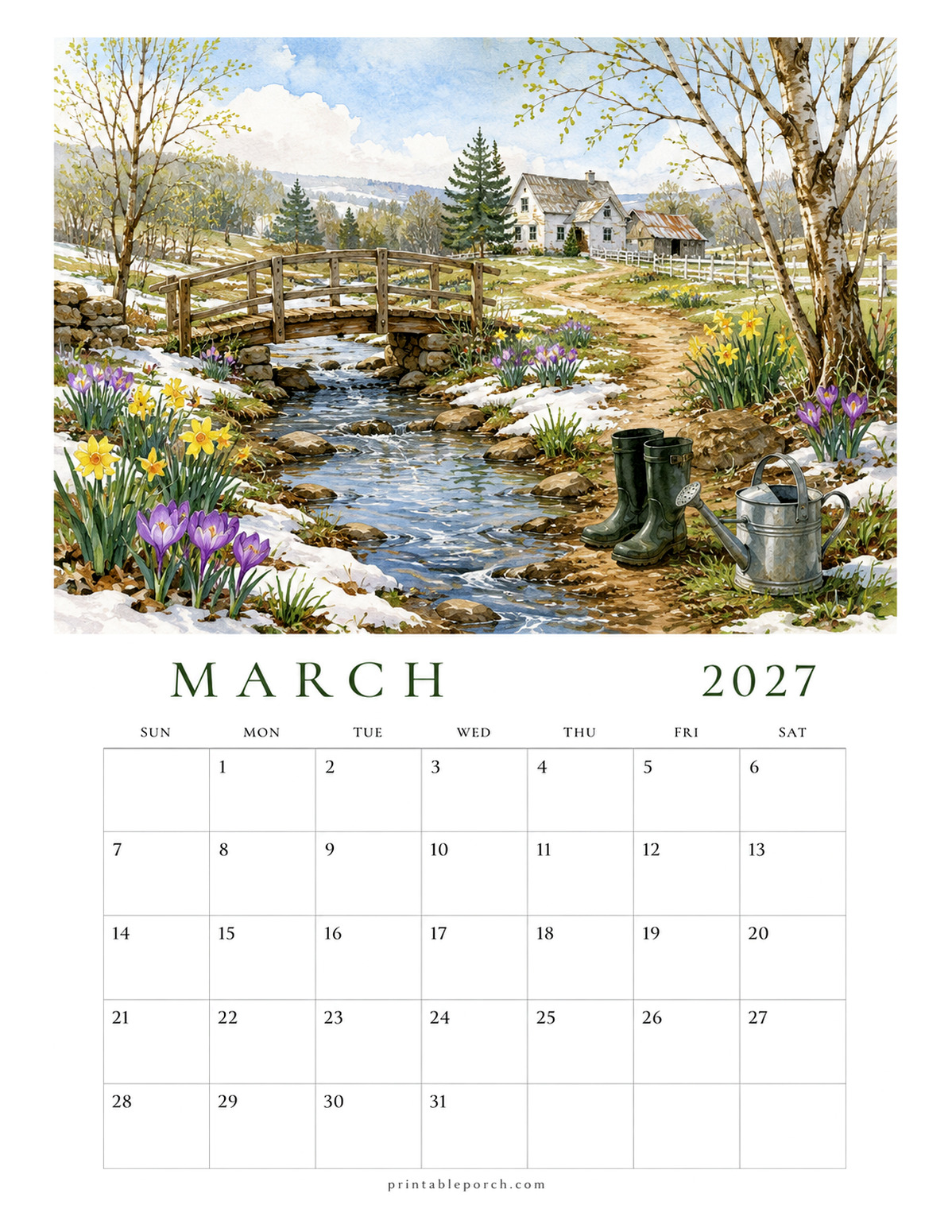 Watercolor Country Cottage March 2027 Calendar