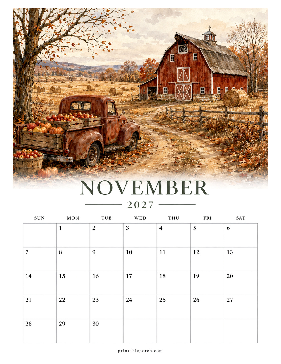 Watercolor Country Cottage November 2027 Calendar
