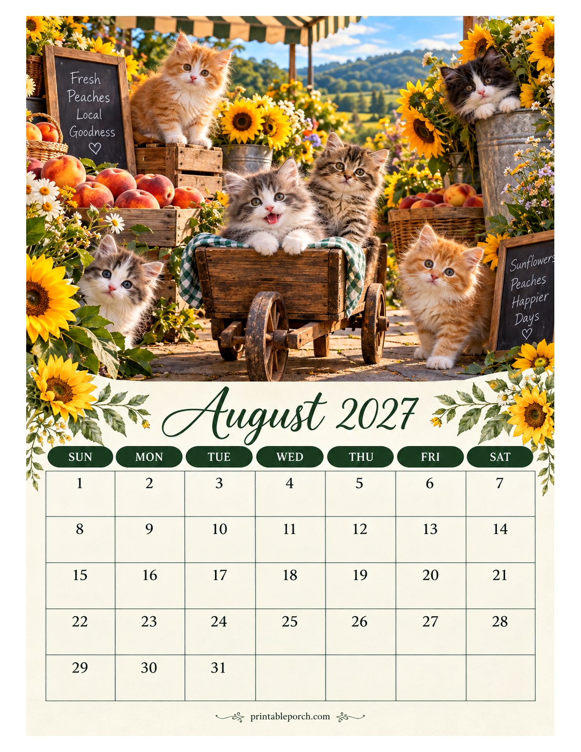 Cozy Kittens August 2027 Calendar