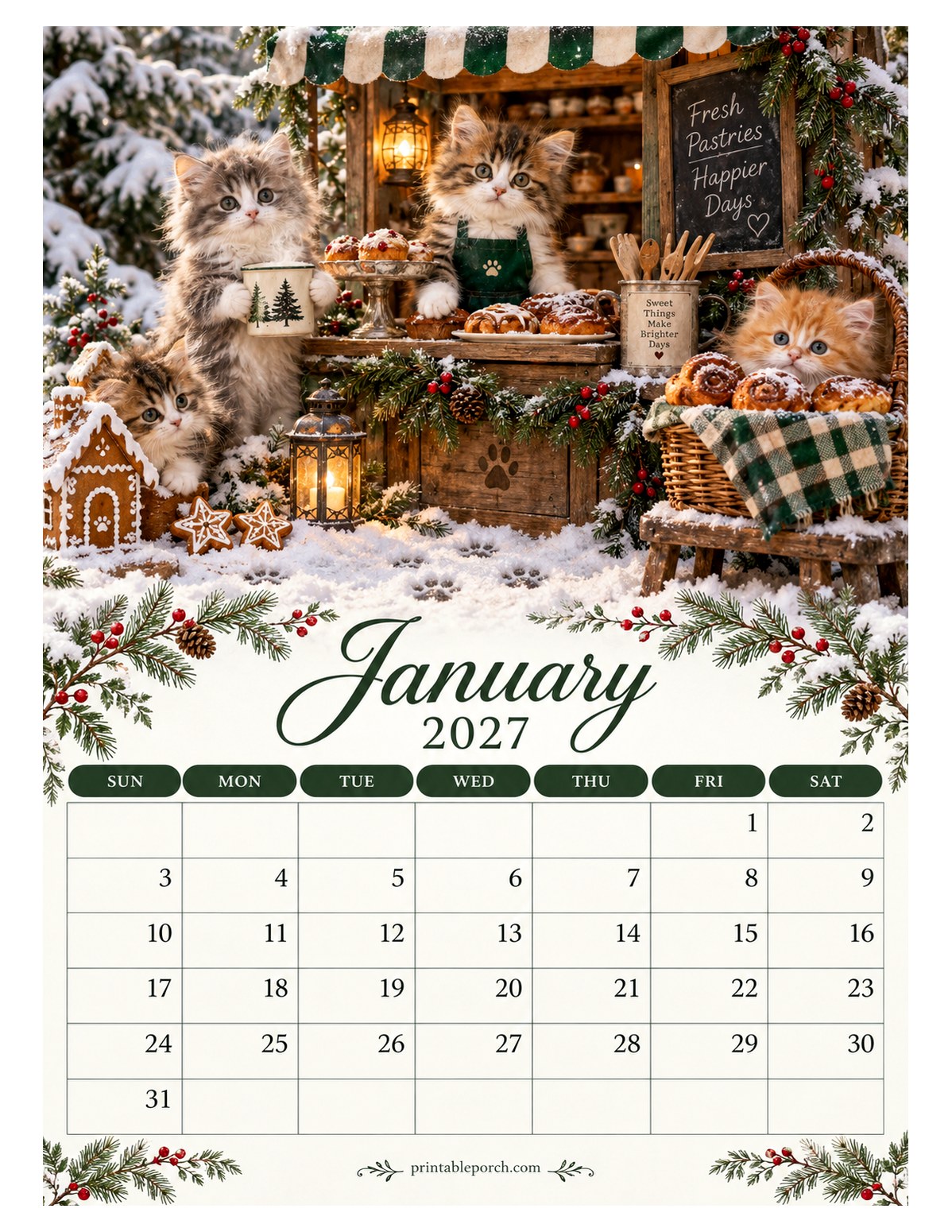 Cozy Kittens January 2027 Calendar