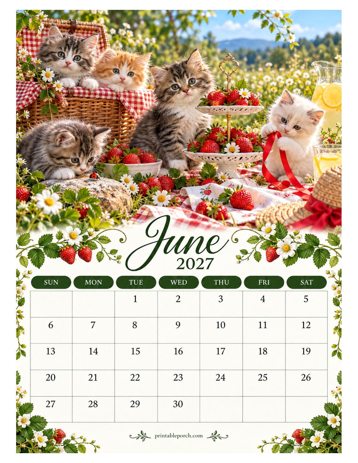 Cozy Kittens June 2027 Calendar