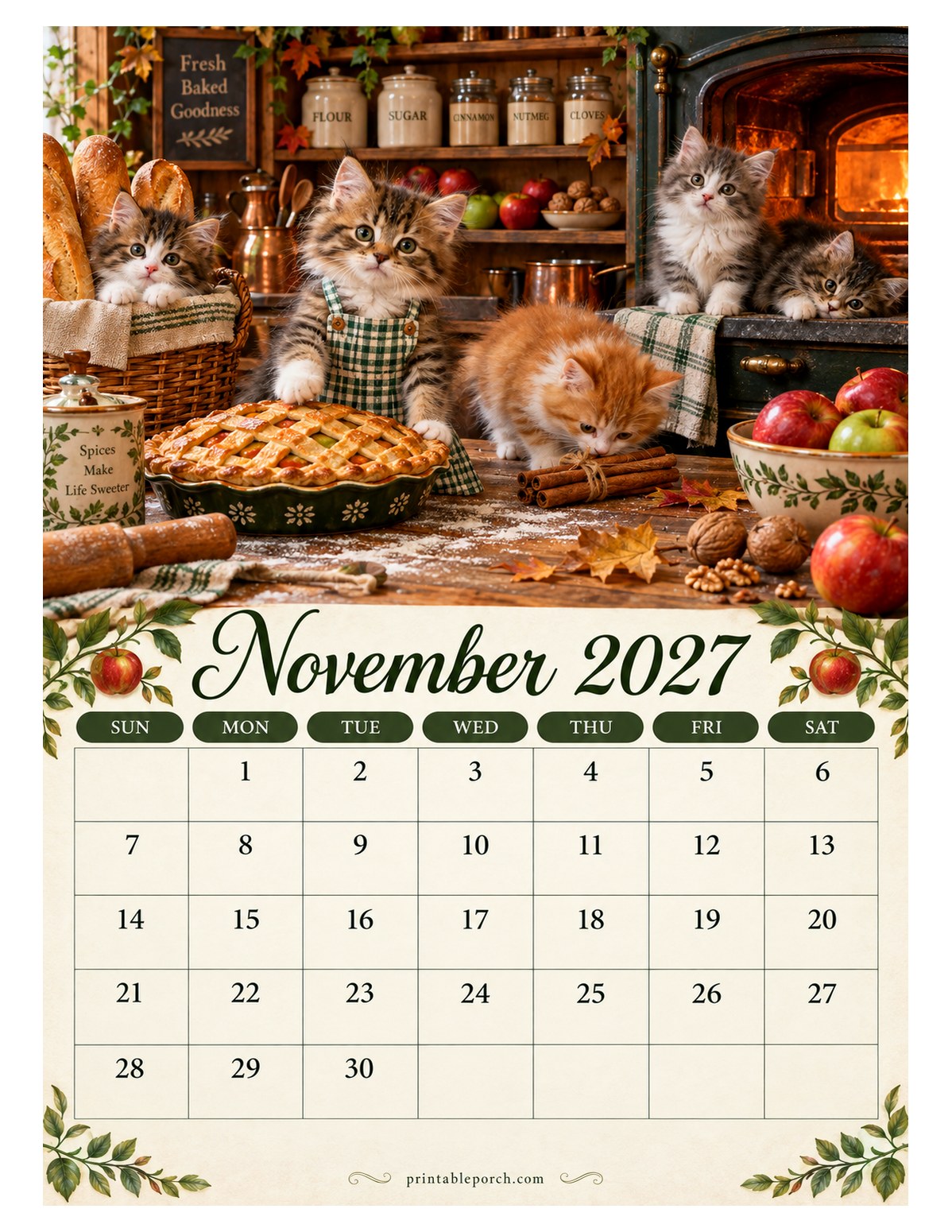 Cozy Kittens November 2027 Calendar