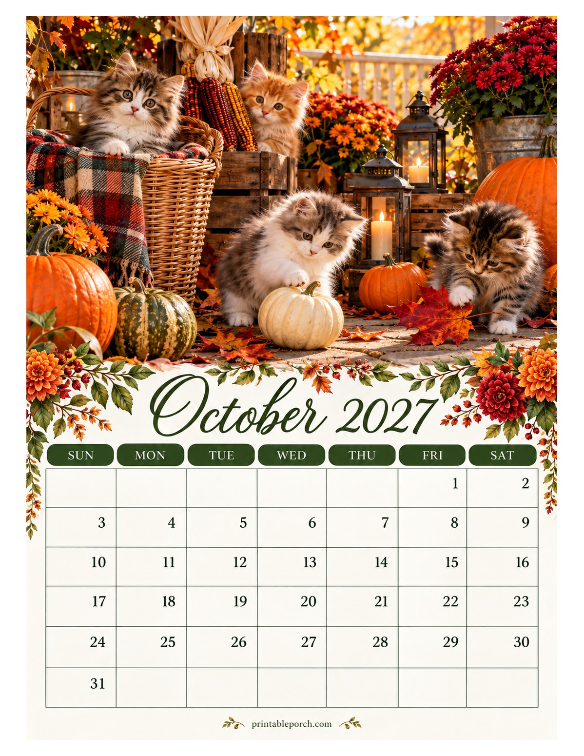 Cozy Kittens October 2027 Calendar