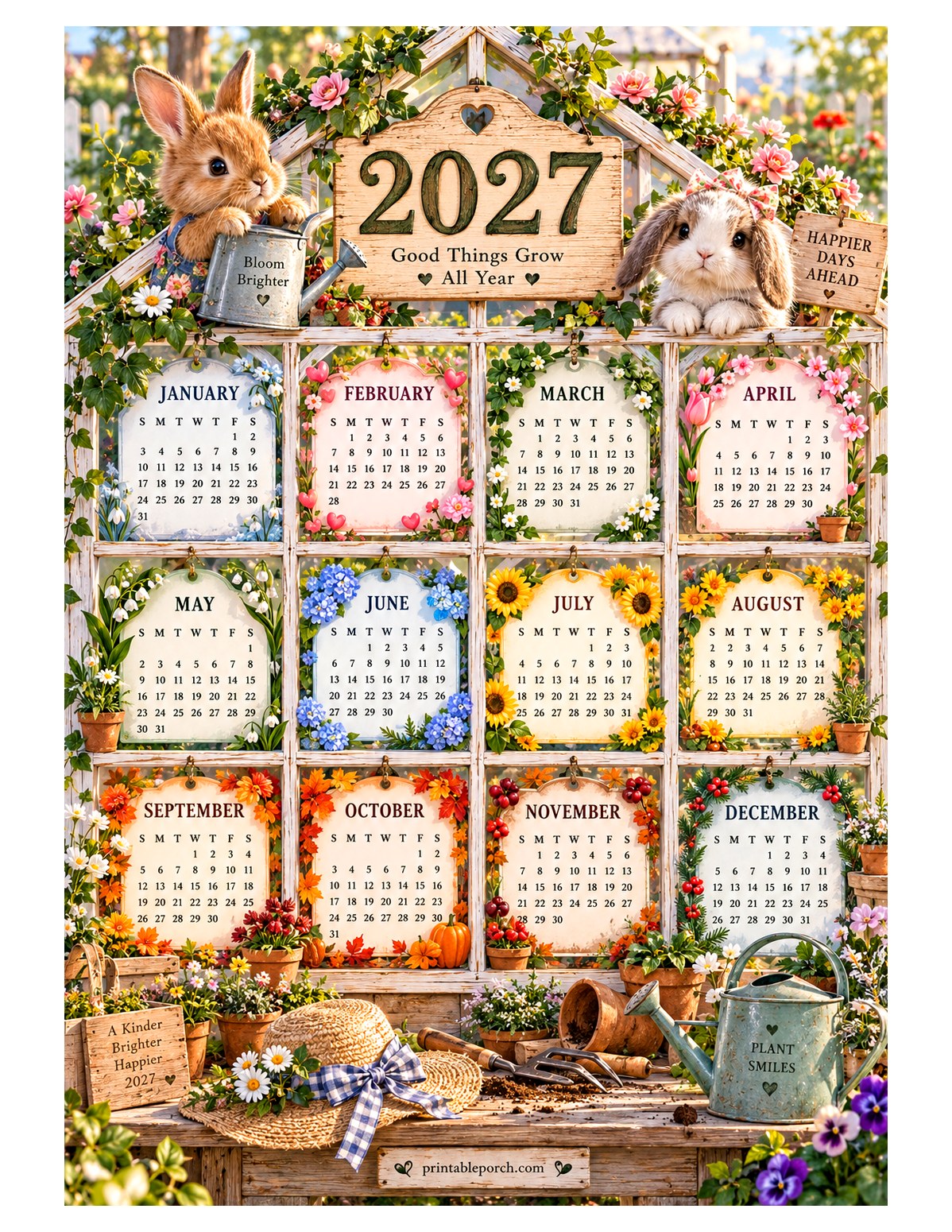 Cute 2027 Yearly Calendar - Bunny Greenhouse