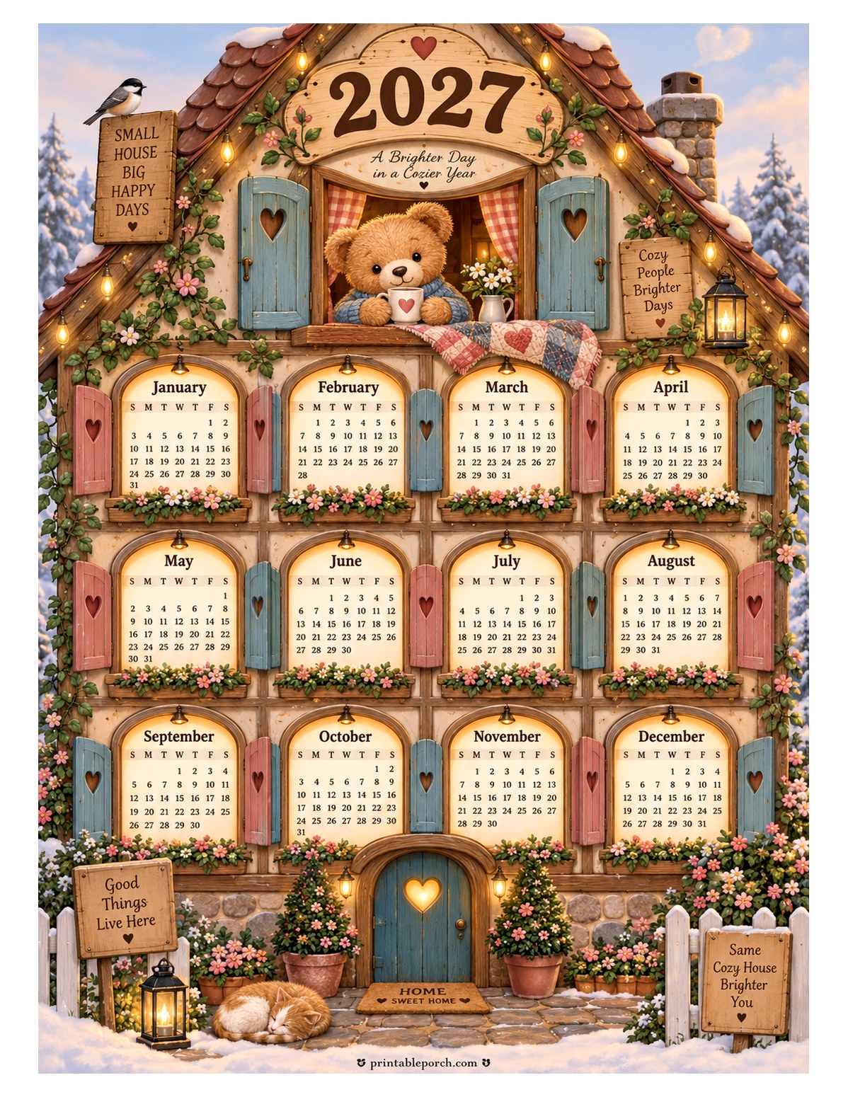 Cute 2027 Yearly Calendar - Cozy Cottage