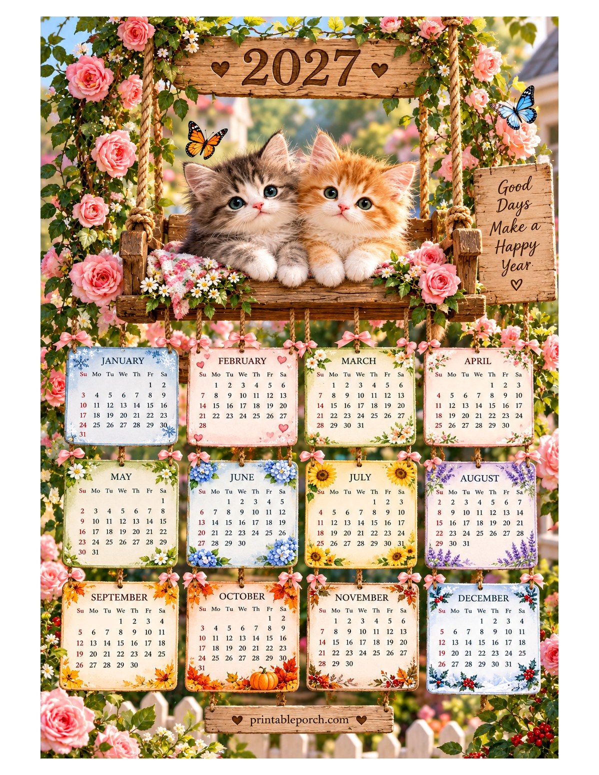 Cute 2027 Yearly Calendar - Kitten Porch