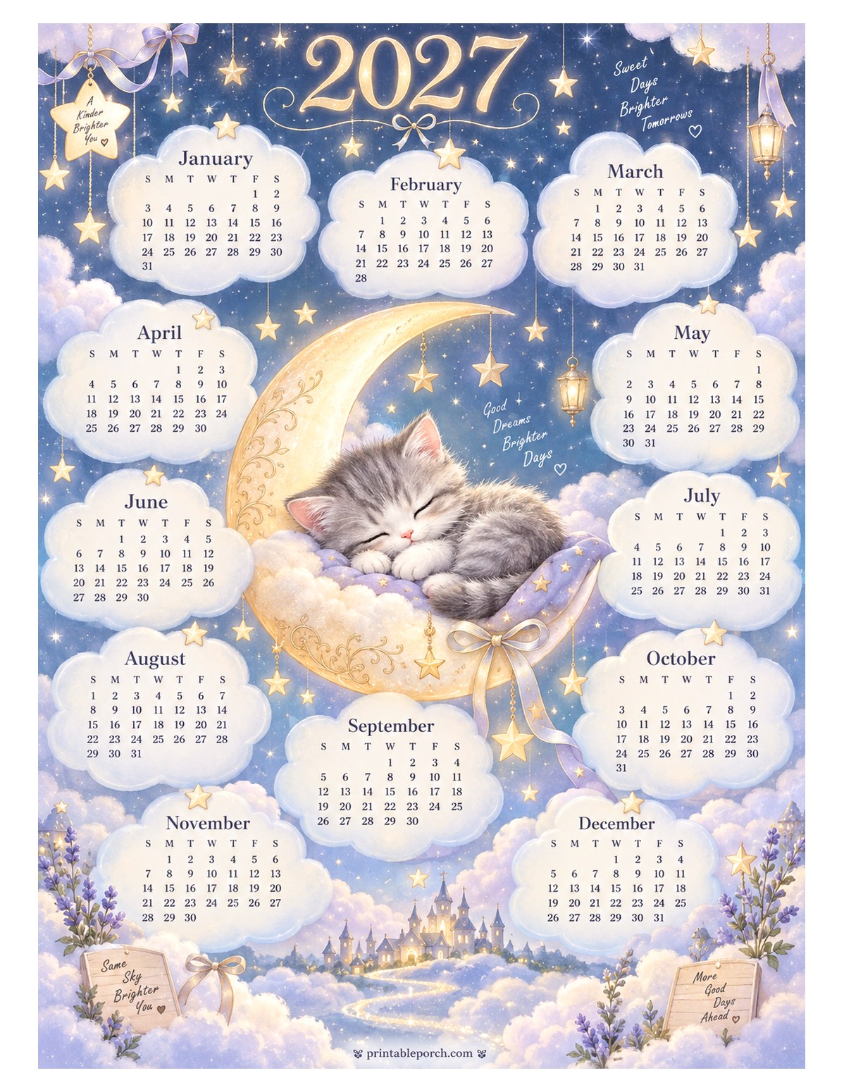 Cute 2027 Yearly Calendar - Moon Kitten