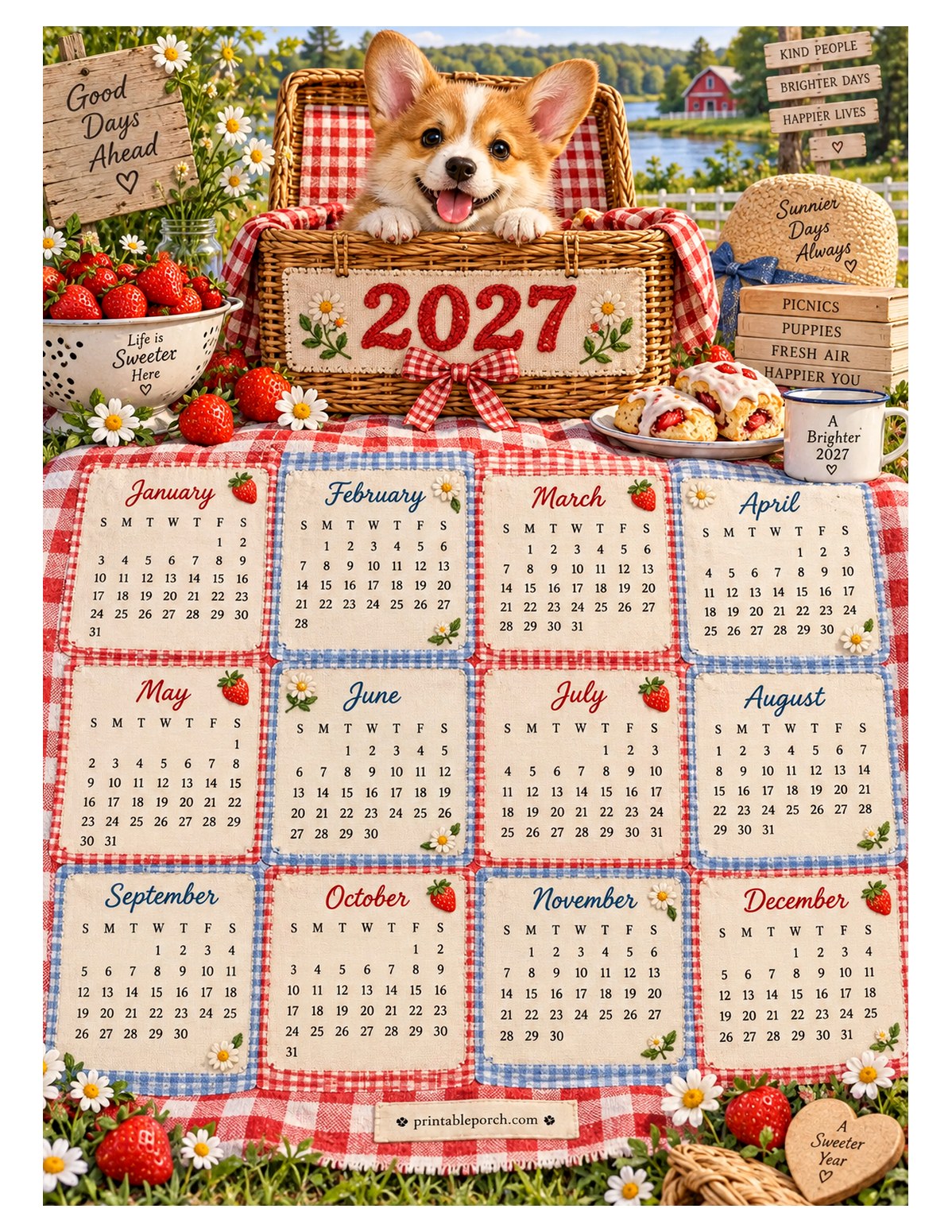 Cute 2027 Yearly Calendar - Picnic Corgi