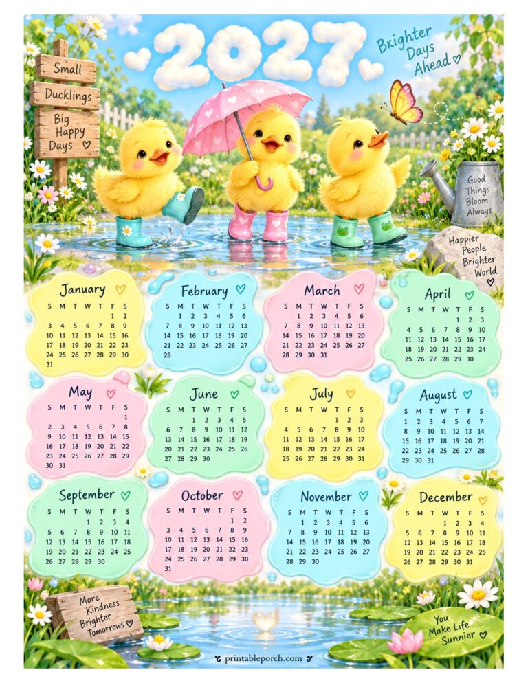 Cute 2027 Yearly Calendar - Rain Ducklings