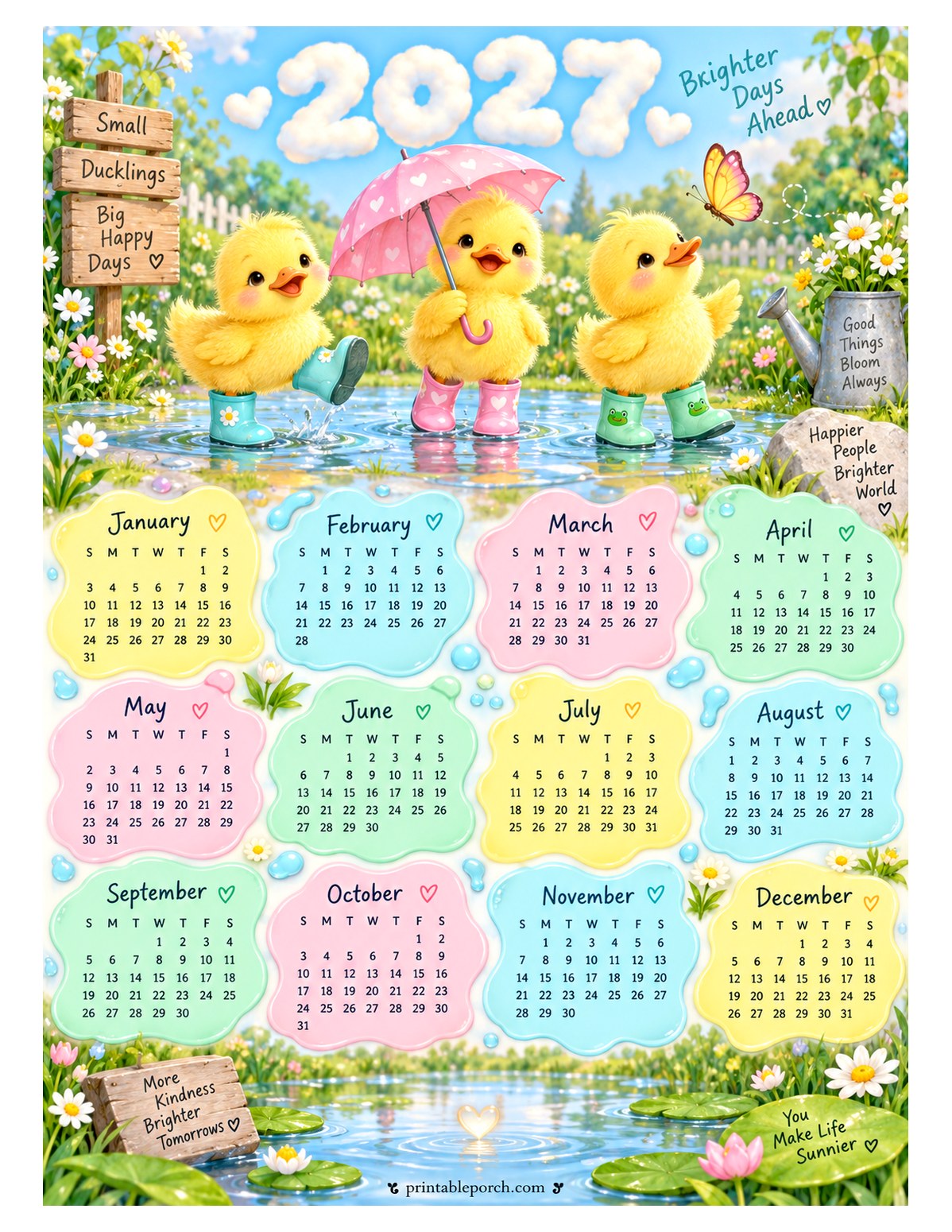 Cute 2027 Yearly Calendar - Rain Ducklings