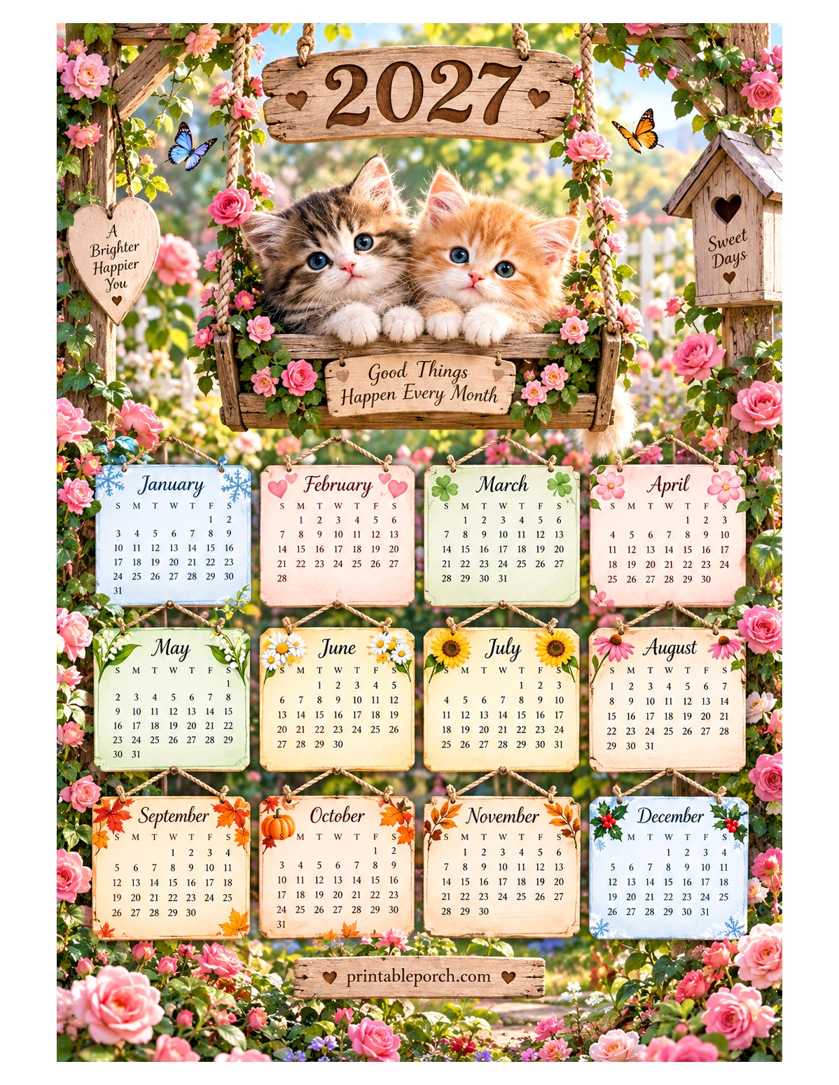 Cute 2027 Yearly Calendar - Rose Arbor