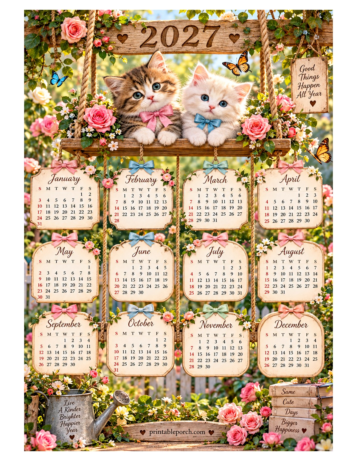 Cute 2027 Yearly Calendar - Swing Kittens