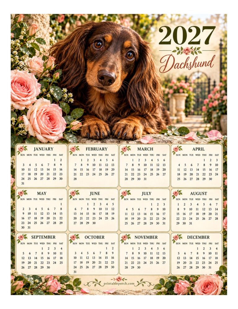 Dachshund 2027 Yearly Calendar - Garden Roses