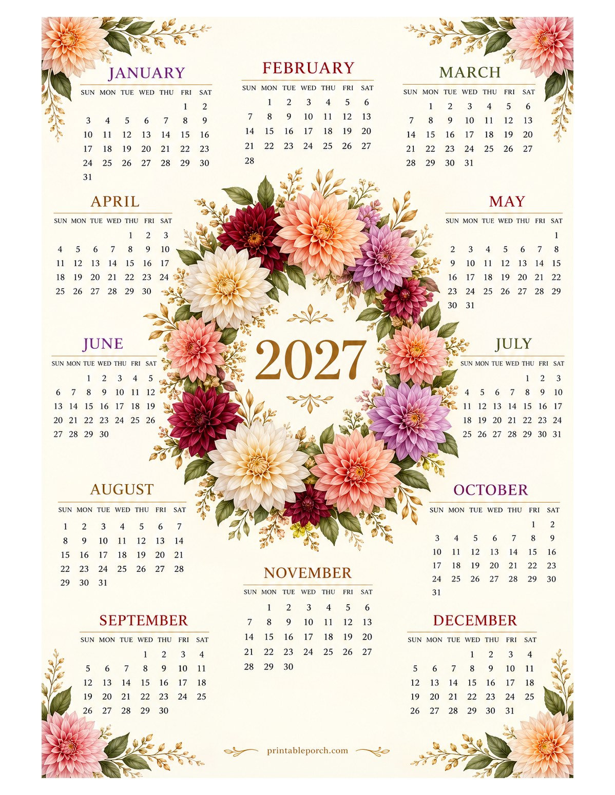 Dahlia 2027 Yearly Calendar - Autumn Wreath