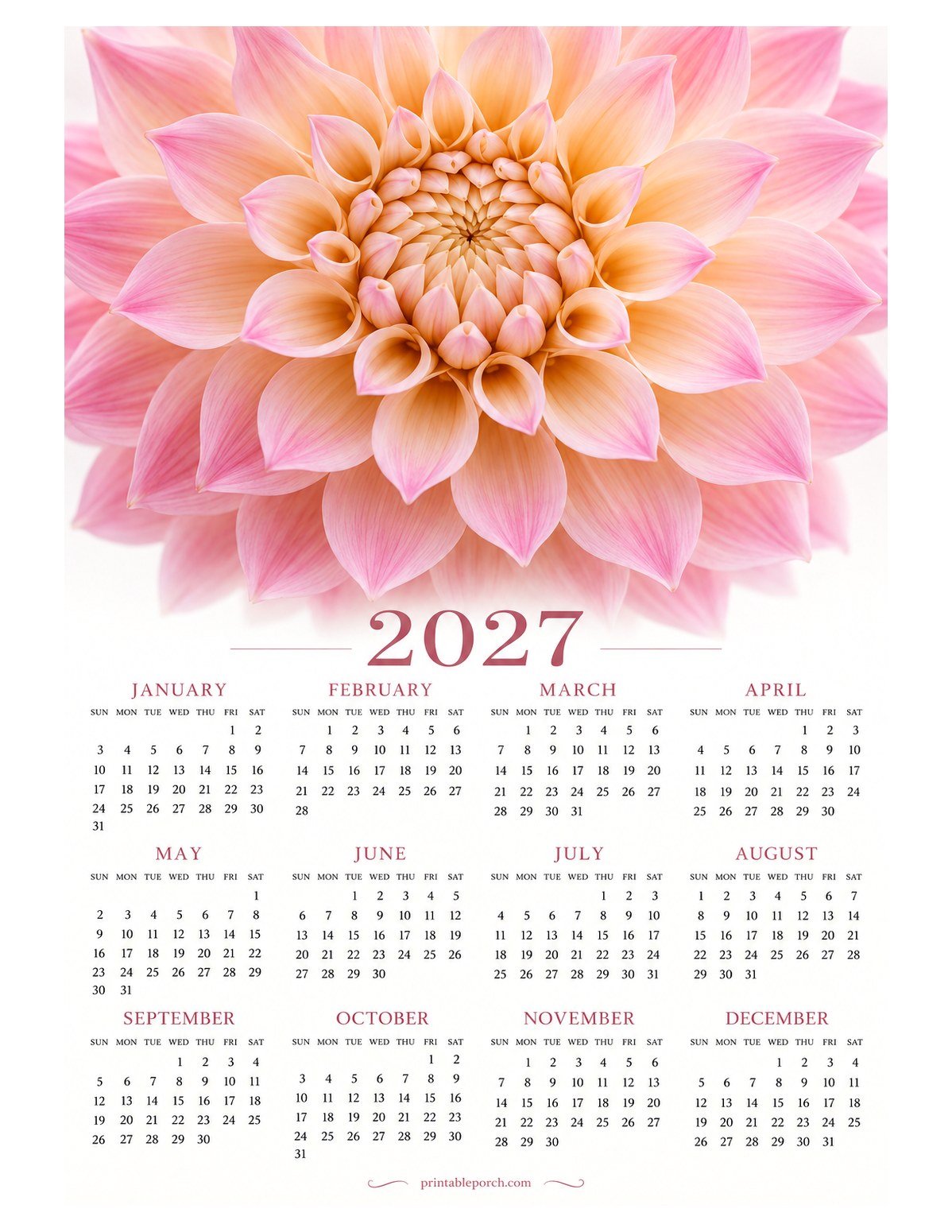 Dahlia 2027 Yearly Calendar - Café au Lait