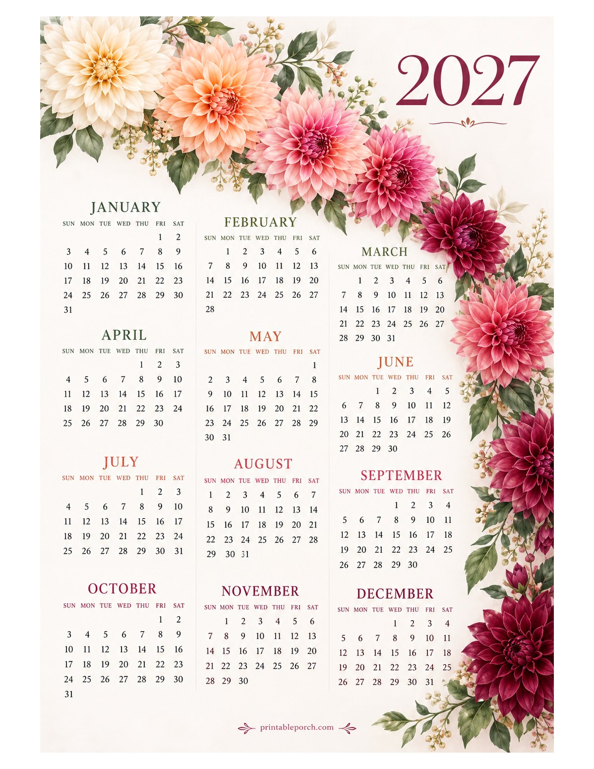 Dahlia 2027 Yearly Calendar - Diagonal Garland