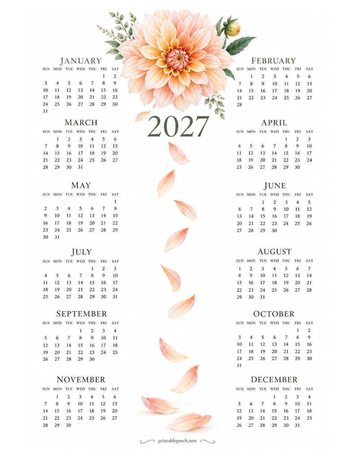 Dahlia 2027 Yearly Calendar - Falling Petals