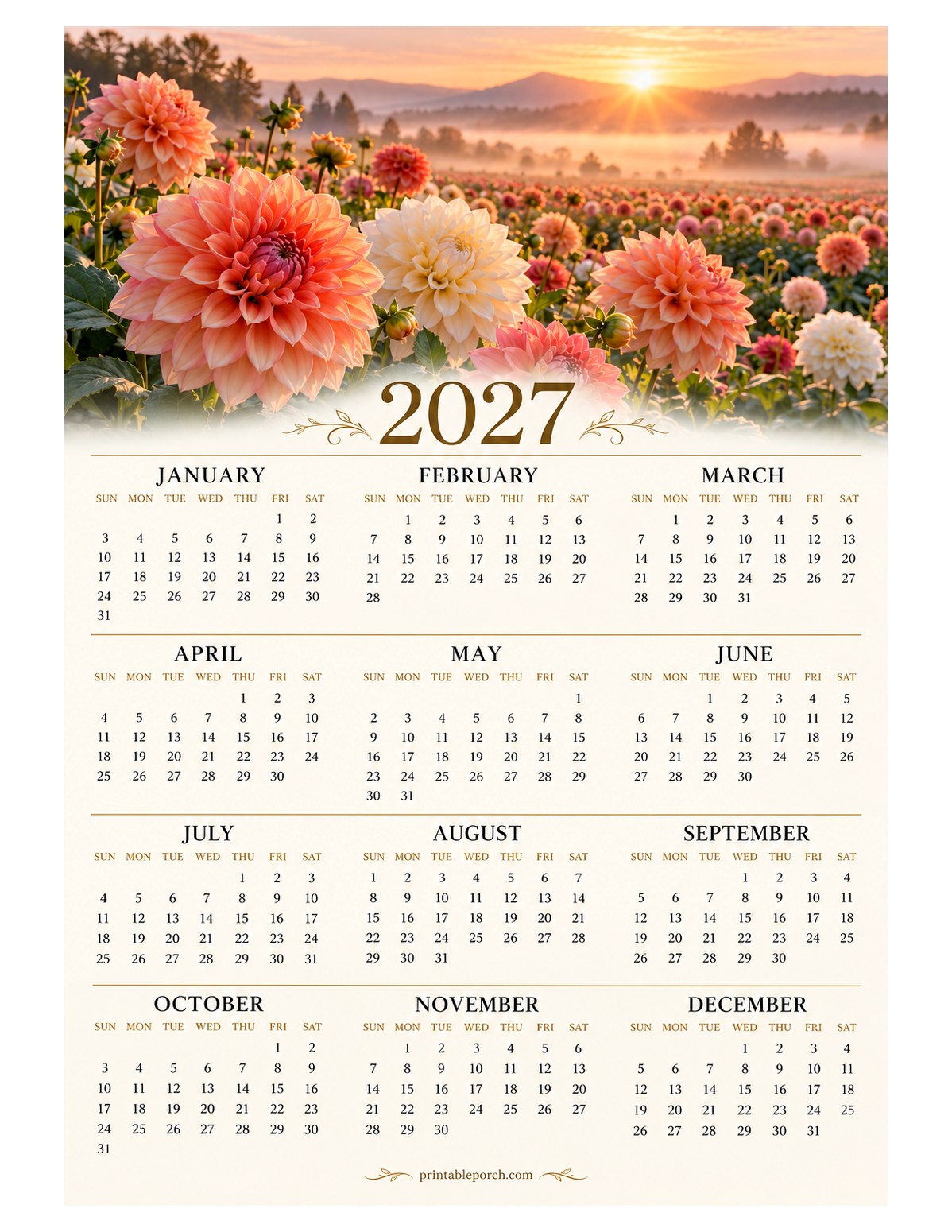 Dahlia 2027 Yearly Calendar - Field at Sunrise