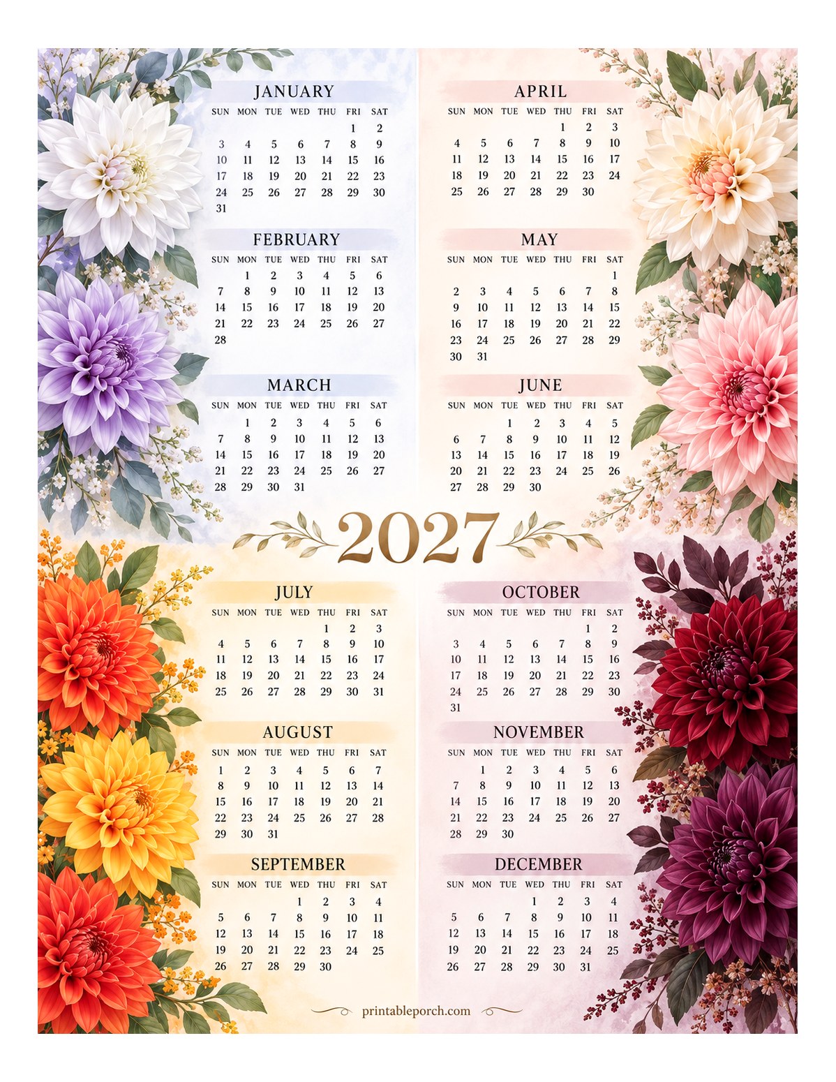 Dahlia 2027 Yearly Calendar - Four Seasons