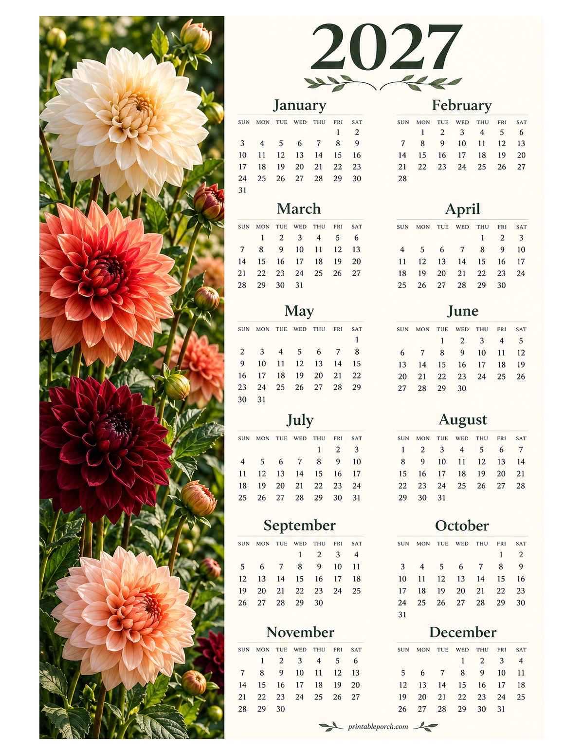 Dahlia 2027 Yearly Calendar - Garden Column