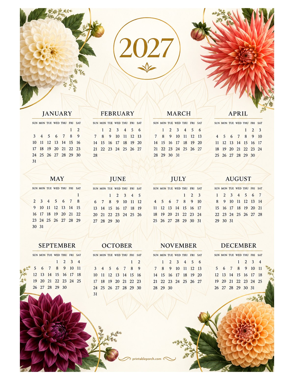 Dahlia 2027 Yearly Calendar - Gold Circle