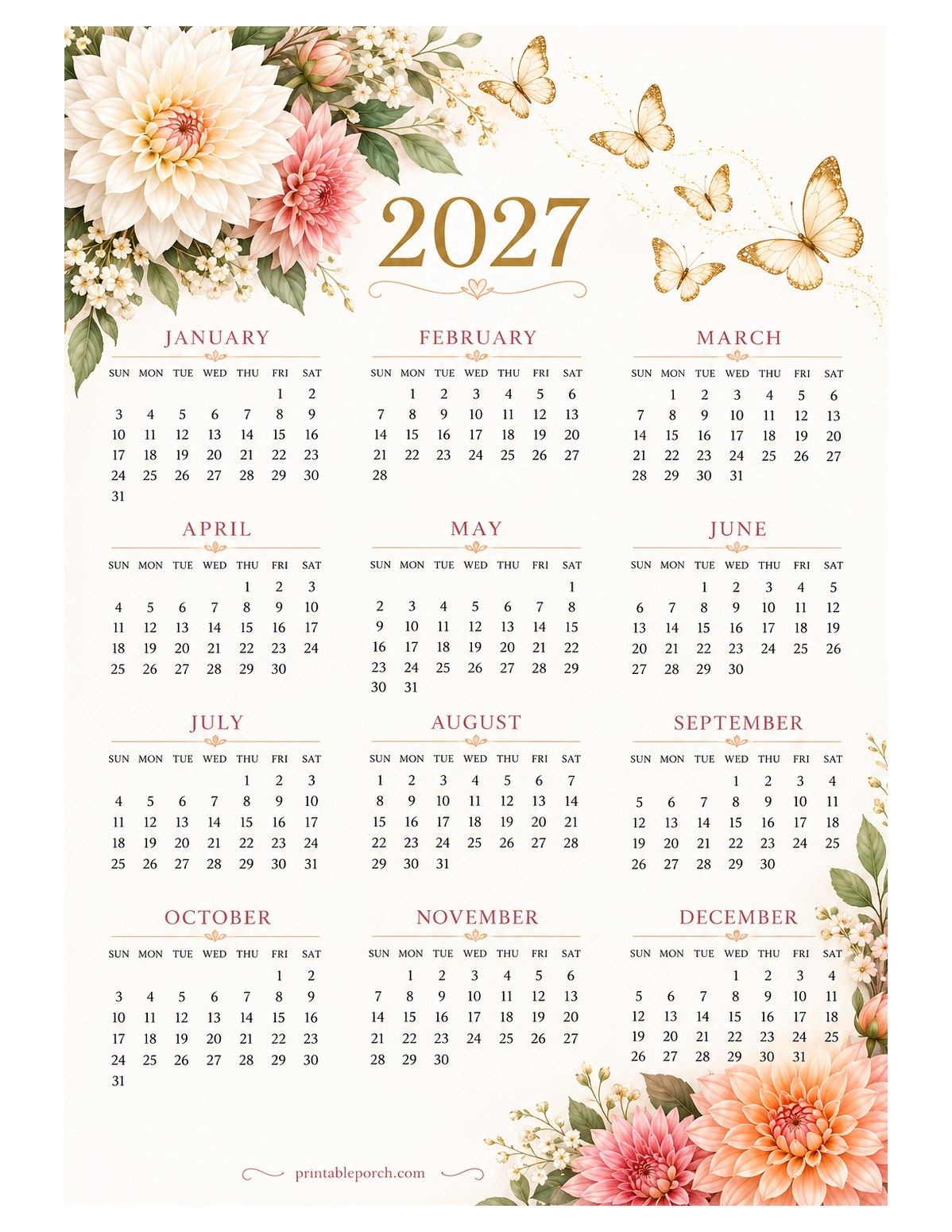 Dahlia 2027 Yearly Calendar - Golden Butterflies