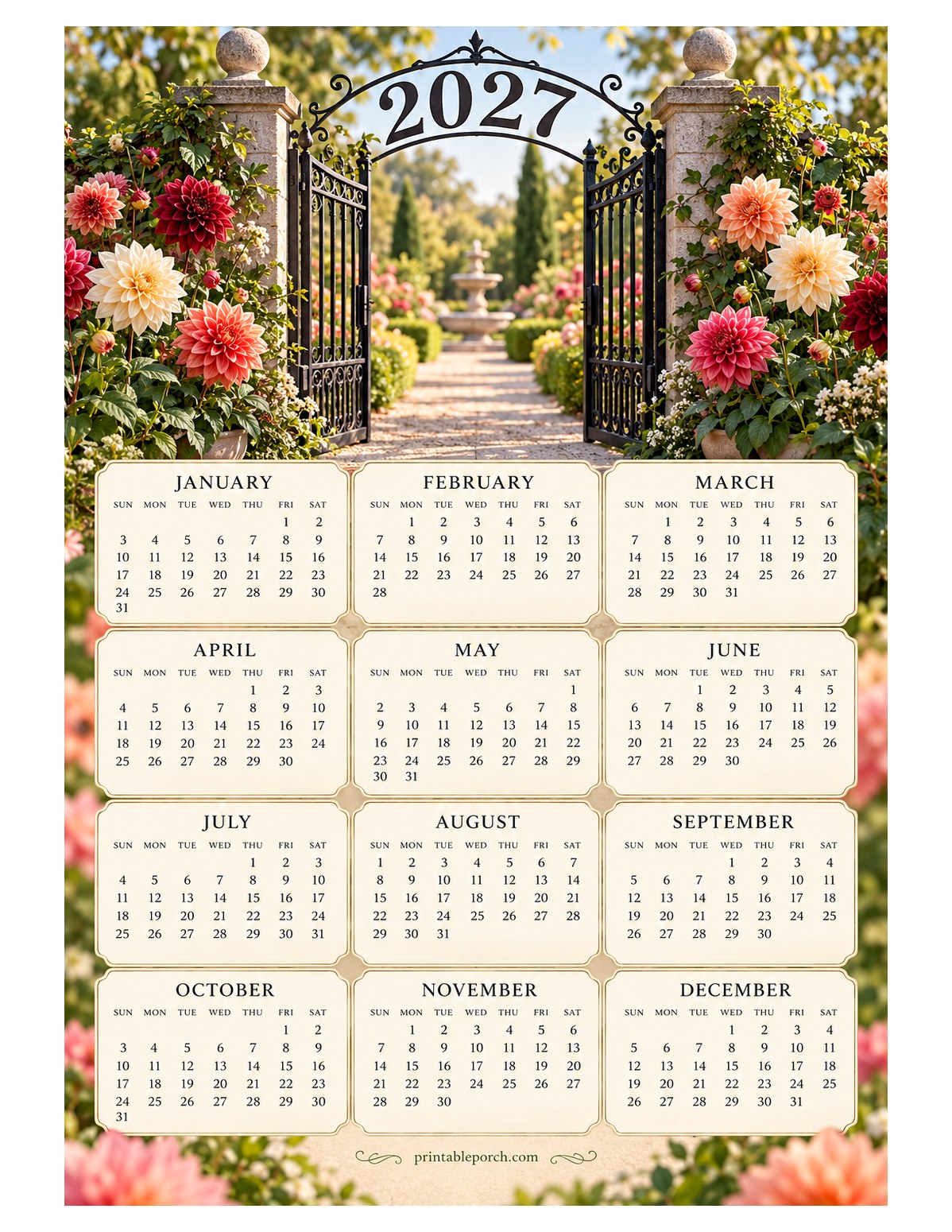 Dahlia 2027 Yearly Calendar - Iron Gate