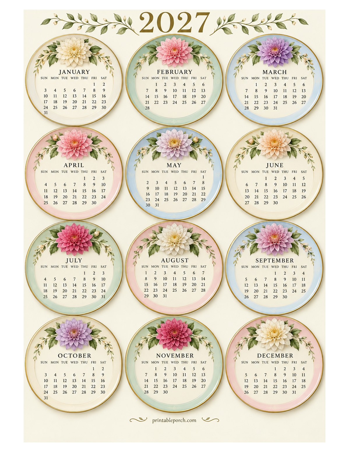 Dahlia 2027 Yearly Calendar - Painted Plates