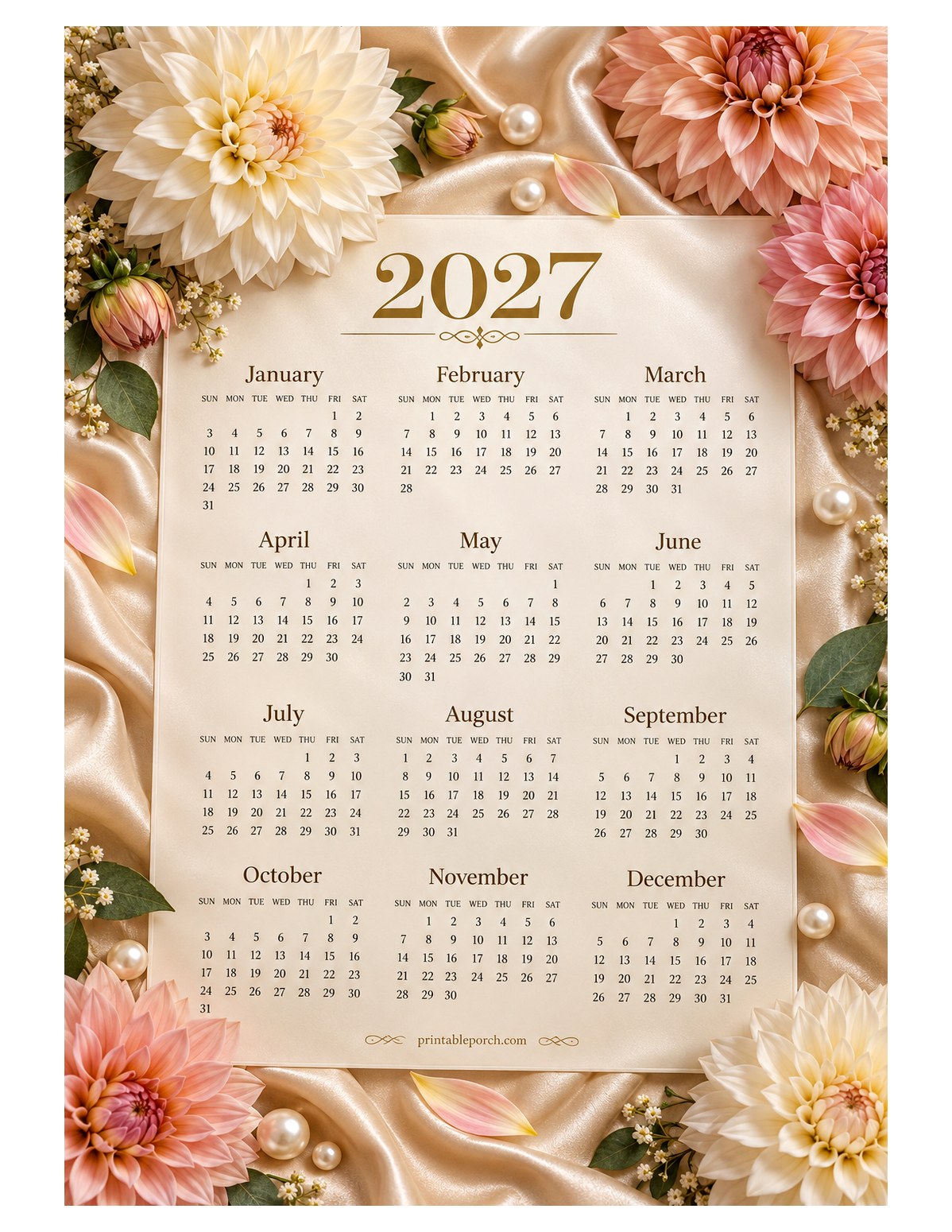 Dahlia 2027 Yearly Calendar - Satin and Pearls