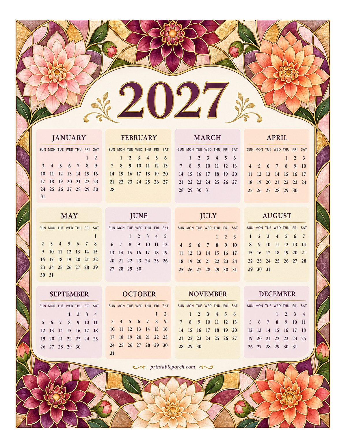 Dahlia 2027 Yearly Calendar - Stained Glass