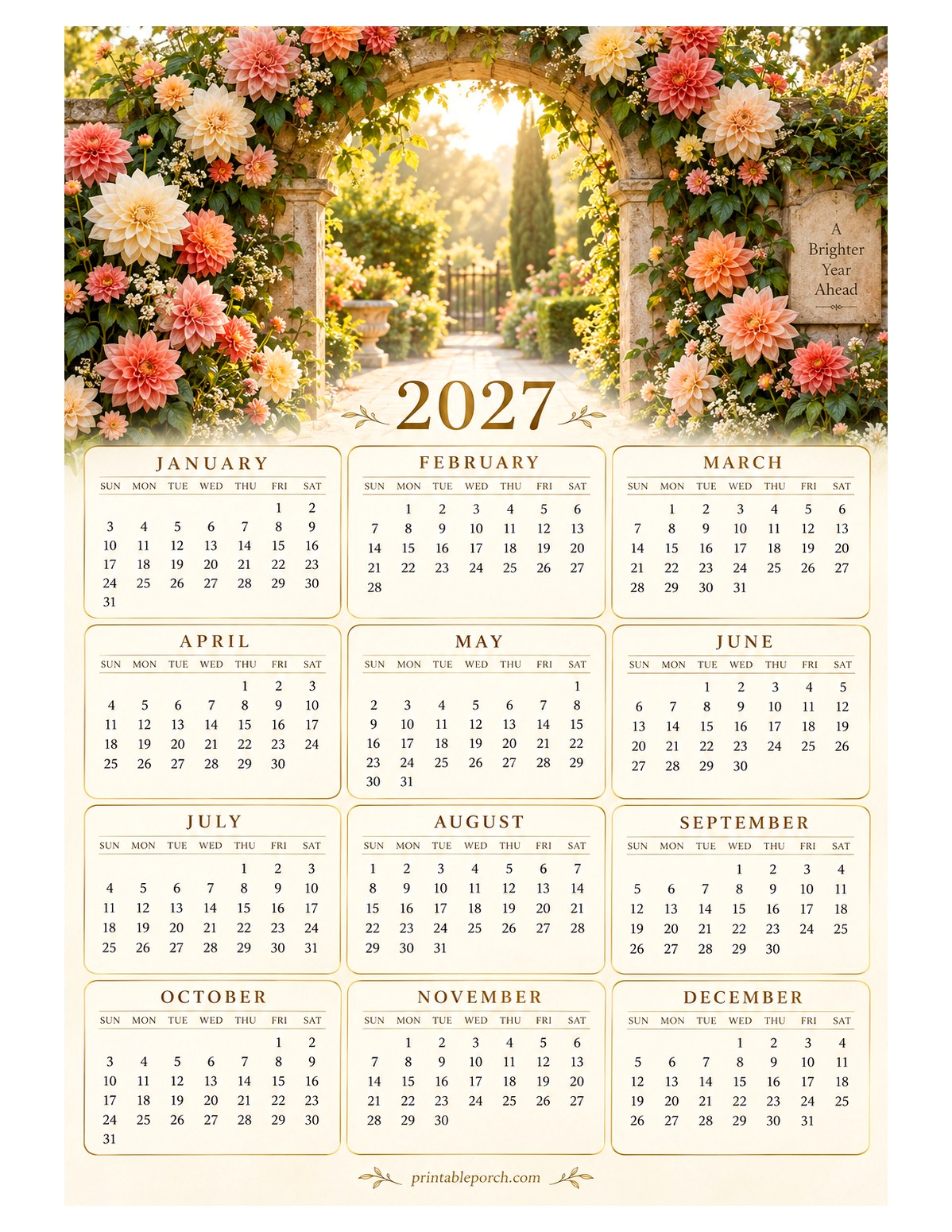Dahlia 2027 Yearly Calendar - Sunlit Archway