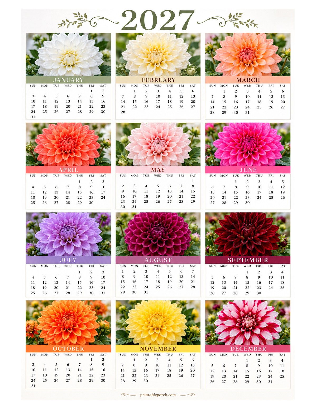 Dahlia 2027 Yearly Calendar - Twelve Varieties
