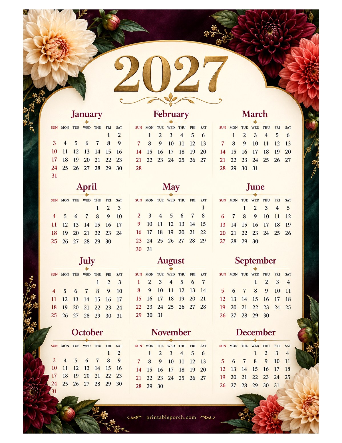 Dahlia 2027 Yearly Calendar - Velvet Night