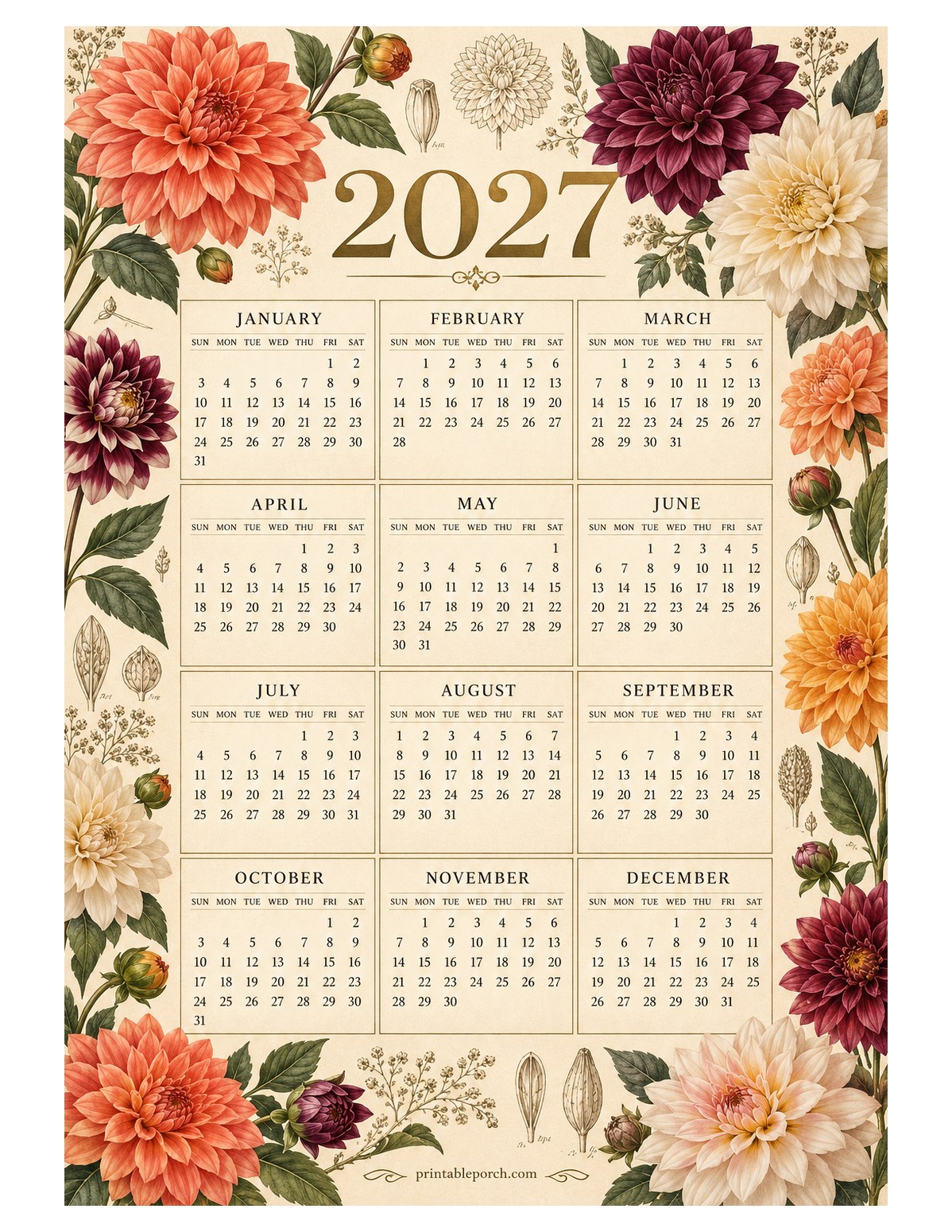 Dahlia 2027 Yearly Calendar - Vintage Botanical
