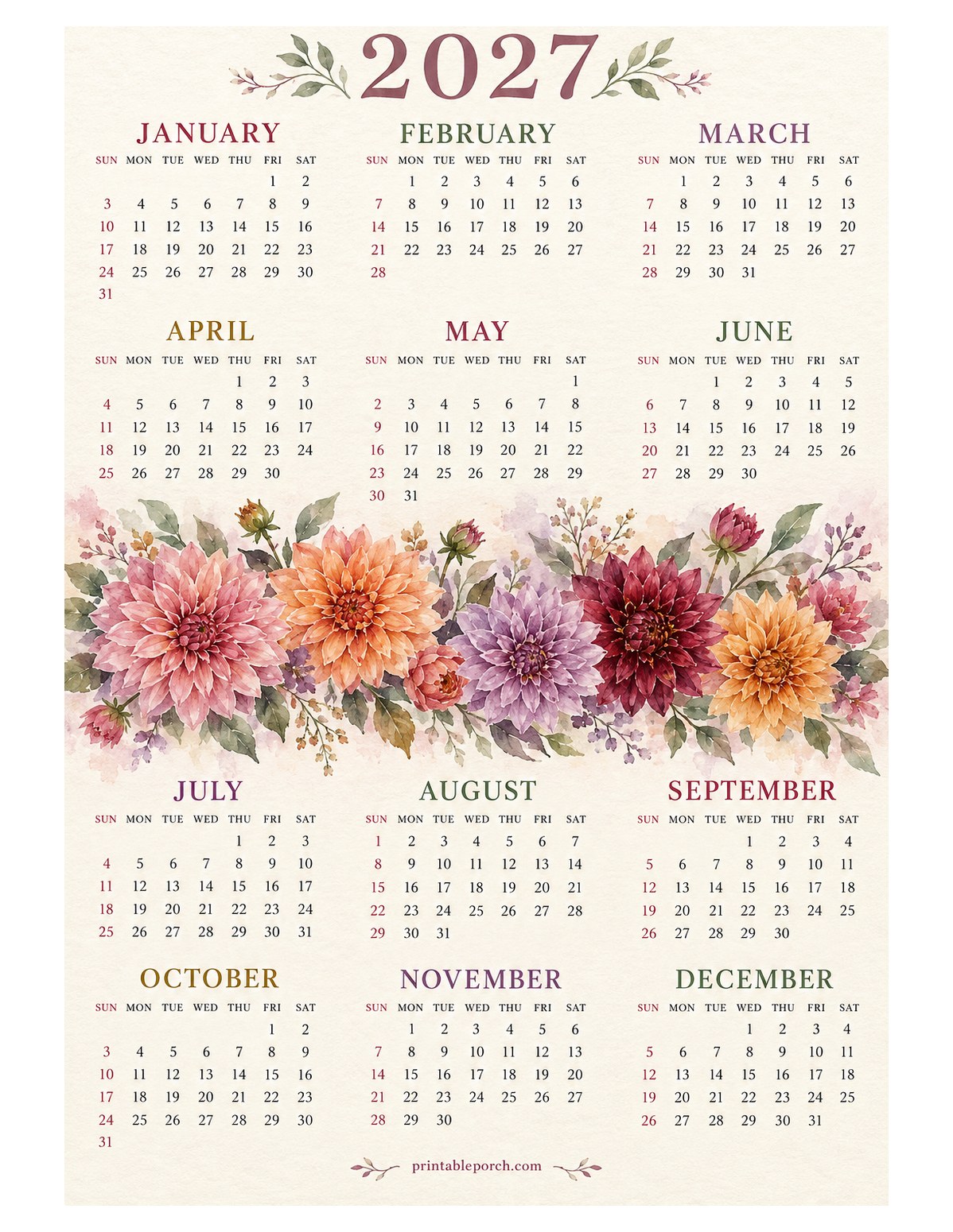 Dahlia 2027 Yearly Calendar - Watercolor Band