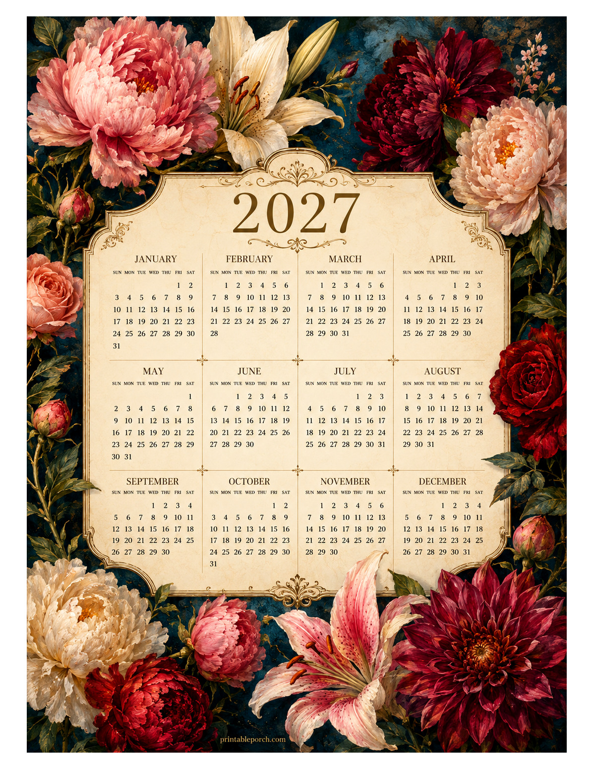 Dark Florals 2027 Yearly Calendar