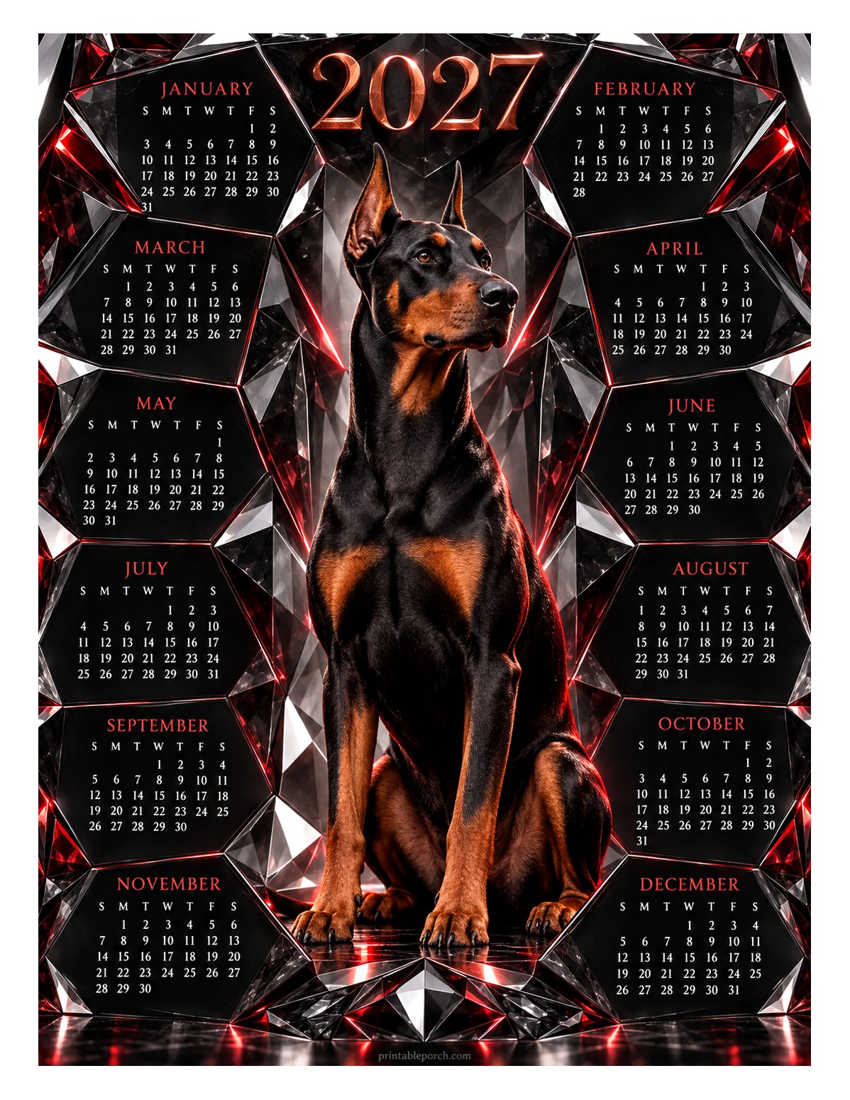 Dog 2027 Yearly Calendar - Black Crystal Doberman