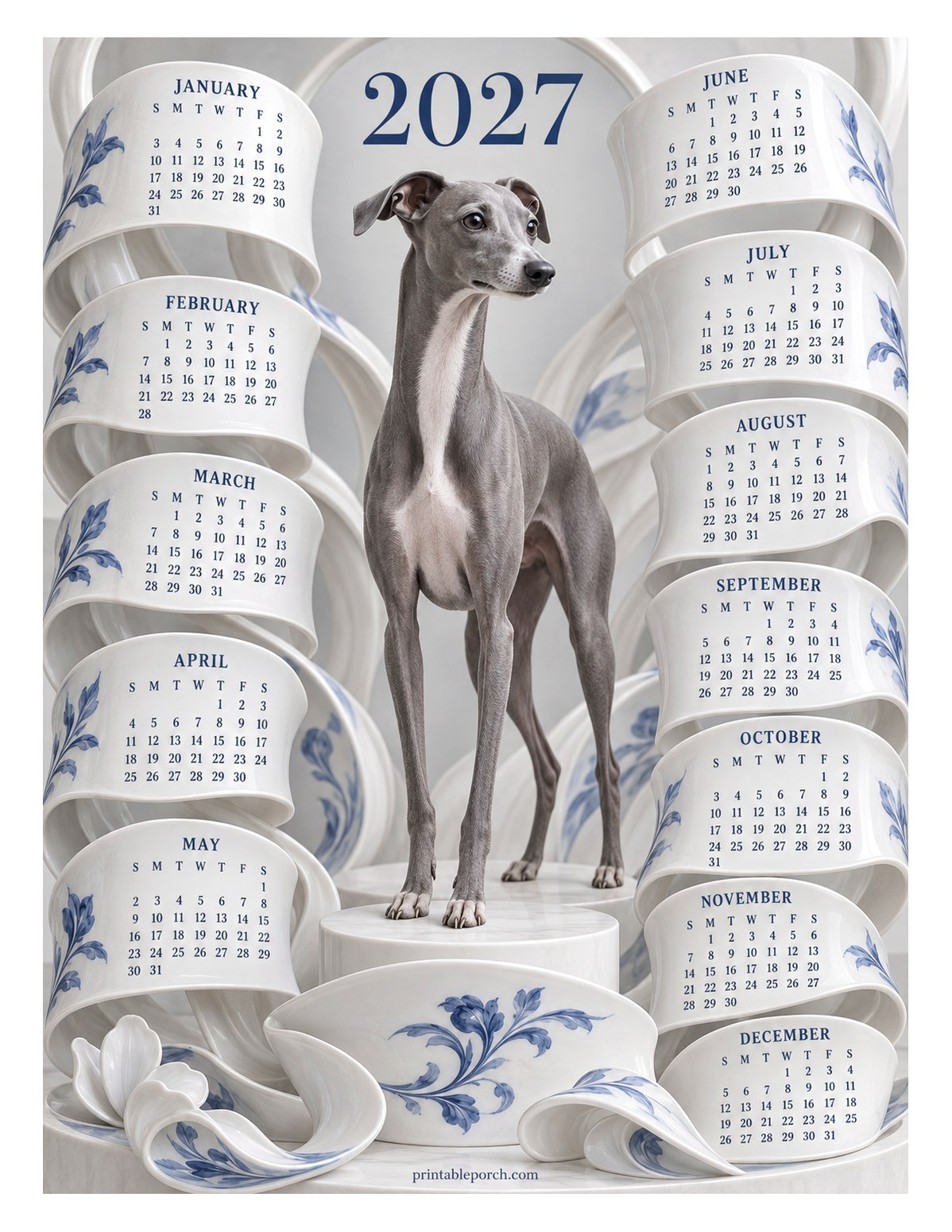 Dog 2027 Yearly Calendar - Blue Porcelain Italian Greyhound