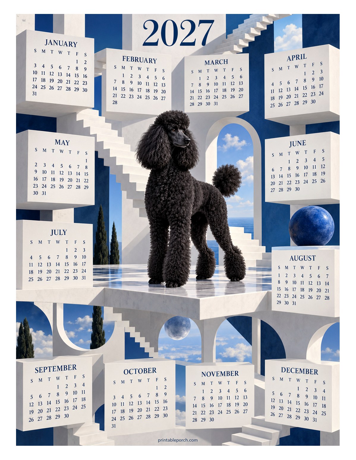 Dog 2027 Yearly Calendar - Blue Terrace Poodle