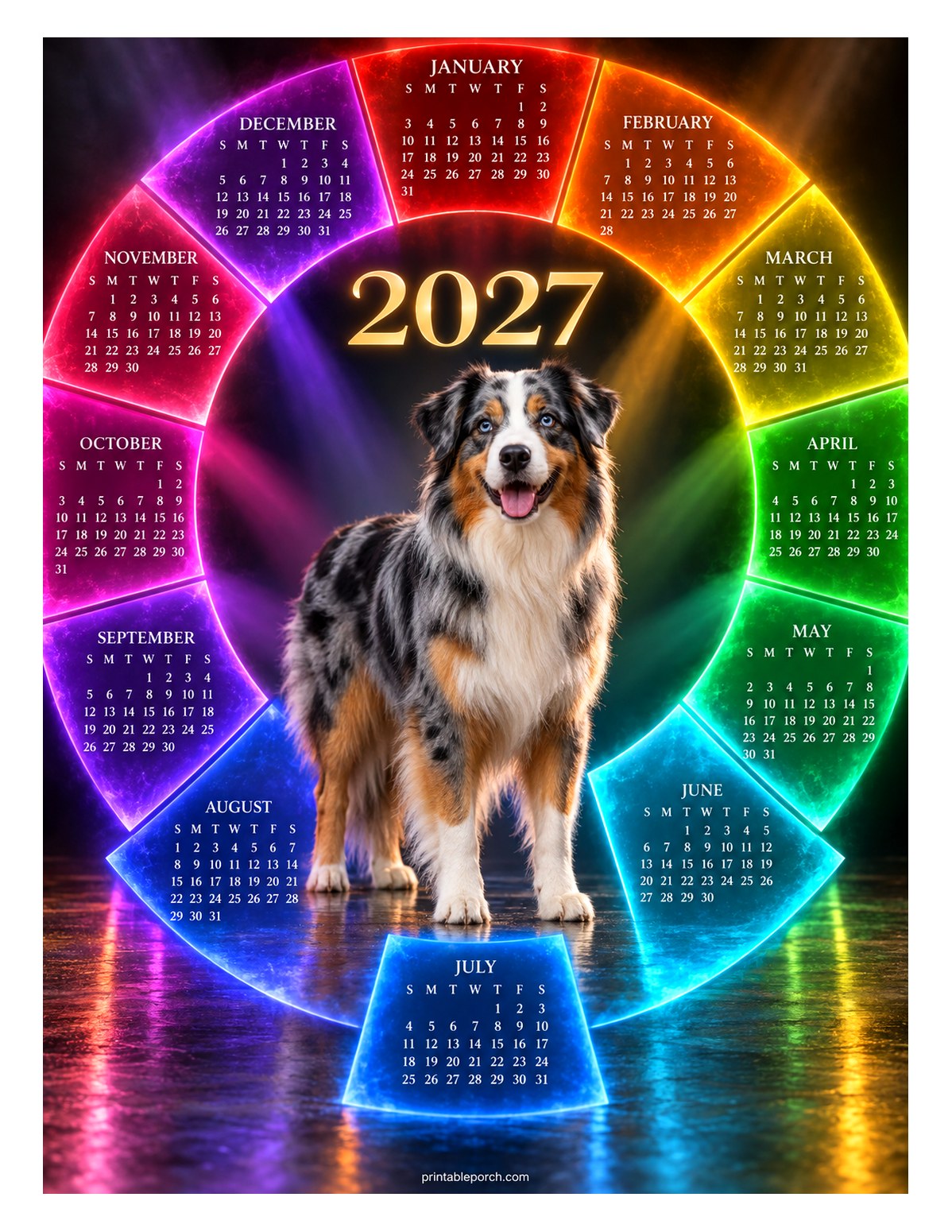 Dog 2027 Yearly Calendar - Color Wheel Australian Shepherd