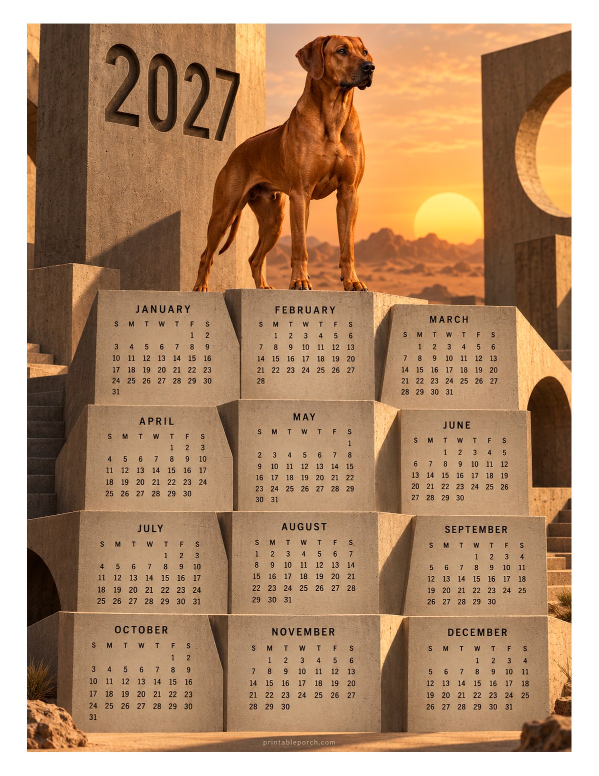 Dog 2027 Yearly Calendar - Desert Stone Ridgeback