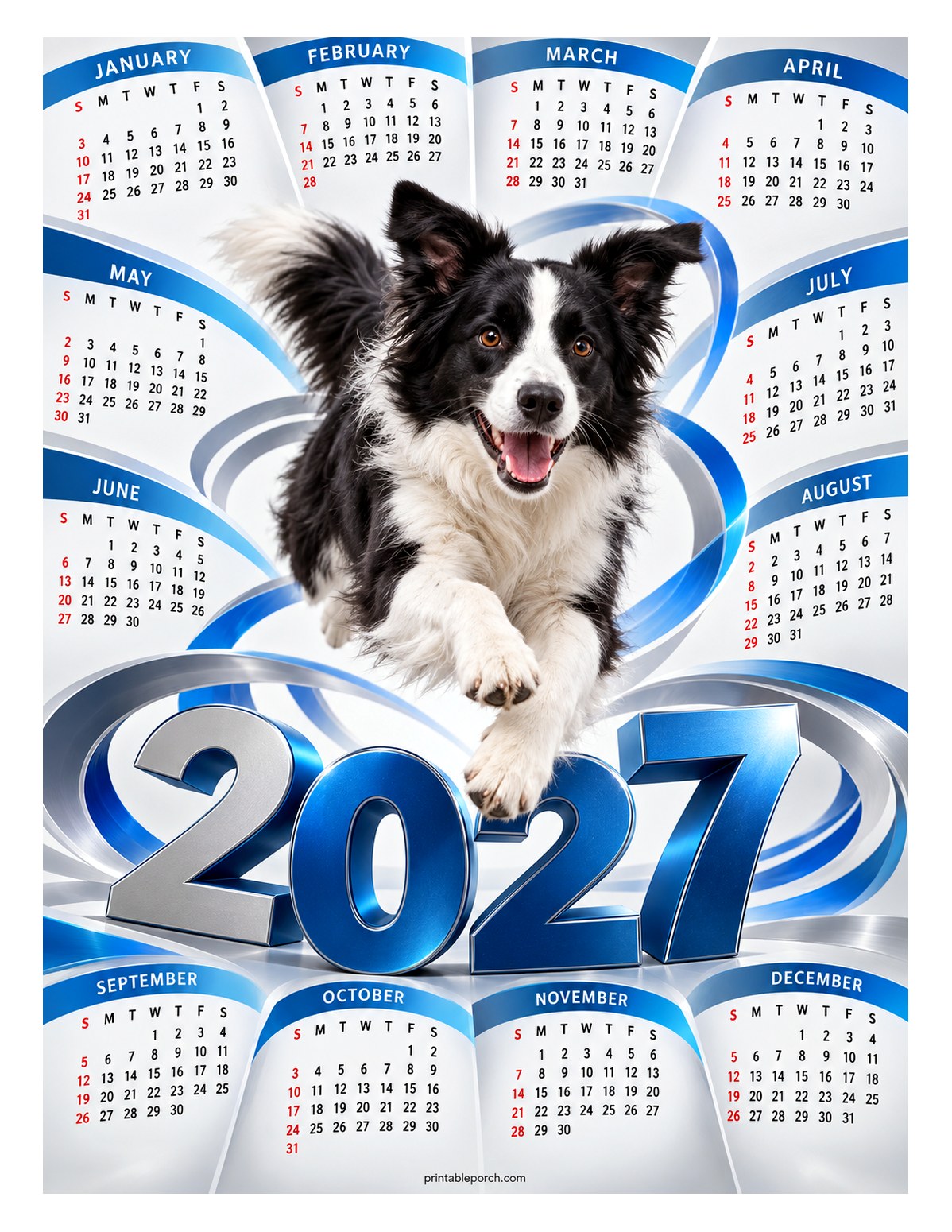 Dog 2027 Yearly Calendar - Full Speed Border Collie