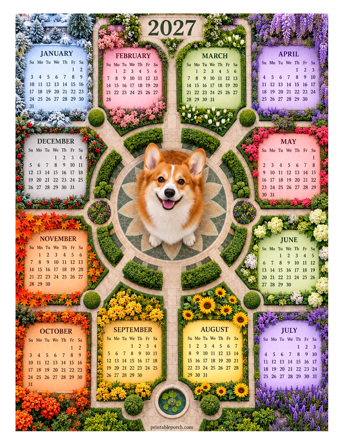 Dog 2027 Yearly Calendar - Garden Maze Corgi