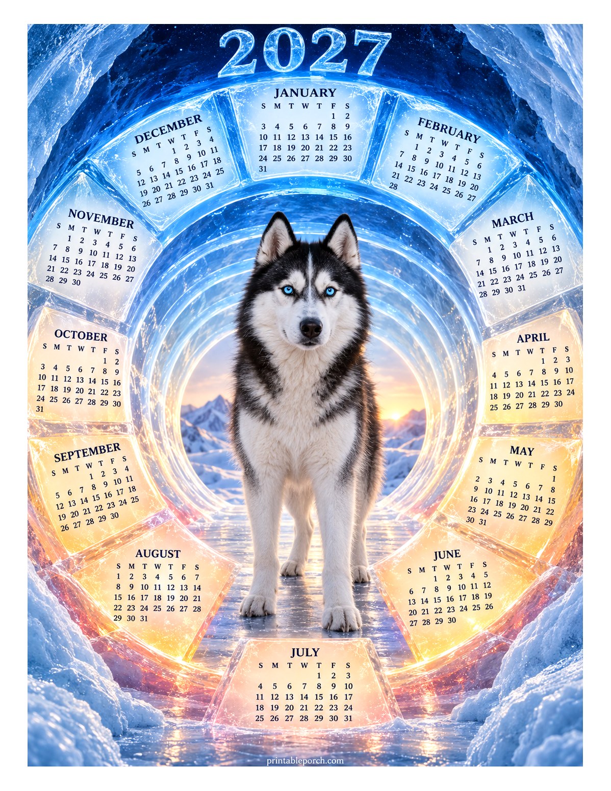 Dog 2027 Yearly Calendar - Ice Tunnel Husky