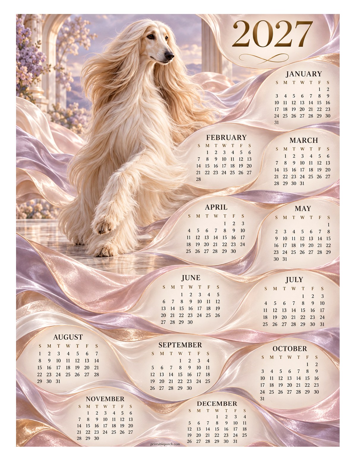 Dog 2027 Yearly Calendar - Liquid Silk Afghan Hound