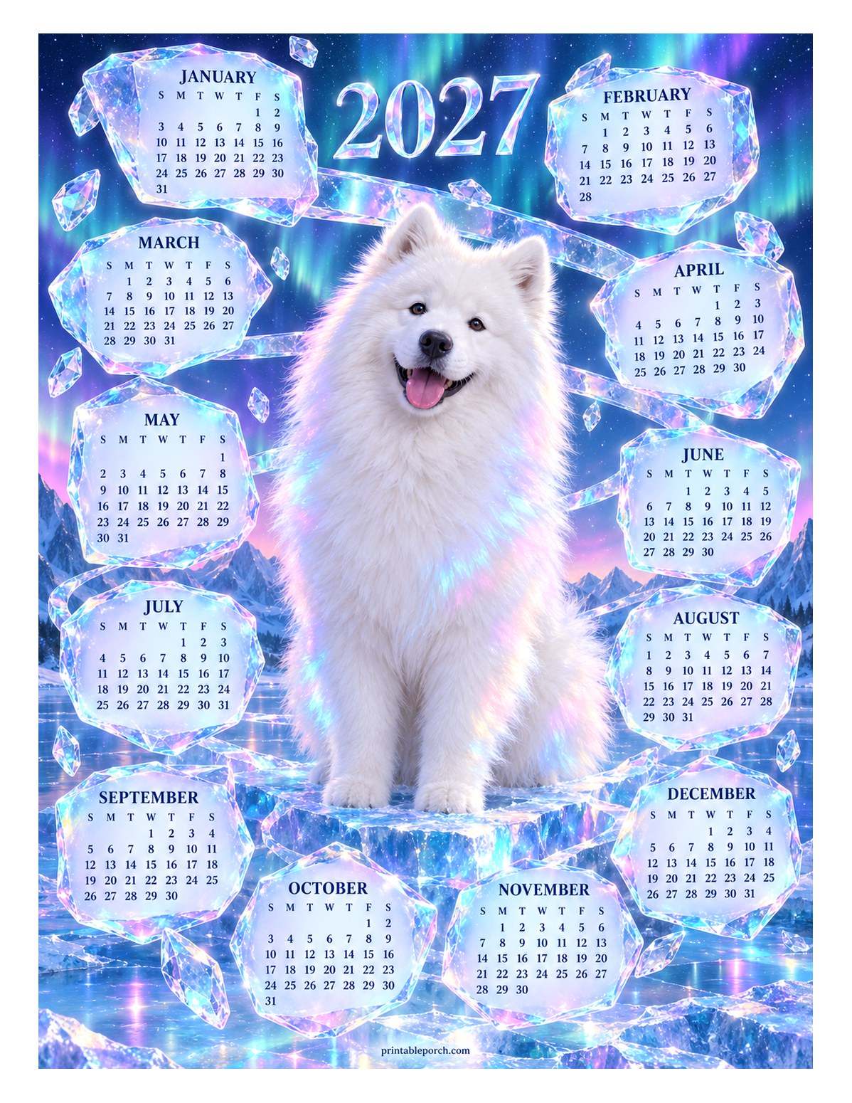 Dog 2027 Yearly Calendar - Northern Lights Samoyed