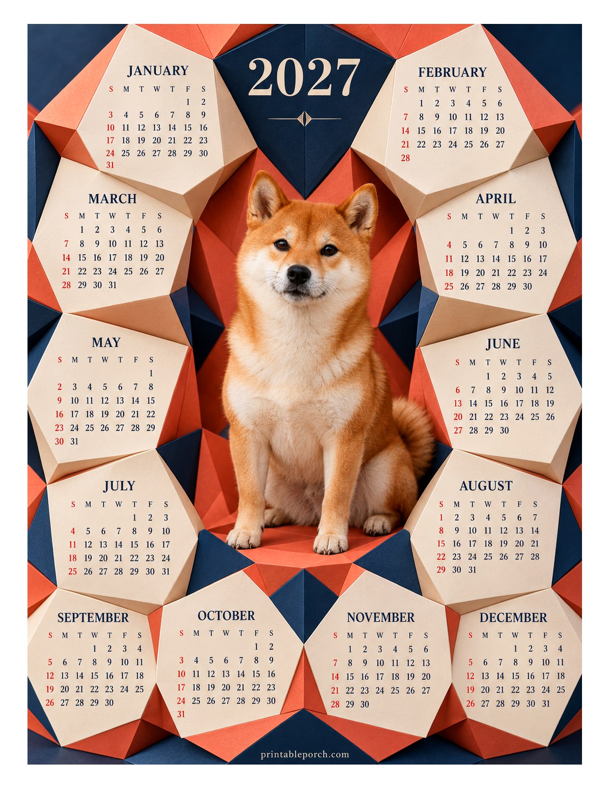 Dog 2027 Yearly Calendar - Paper Fold Shiba Inu