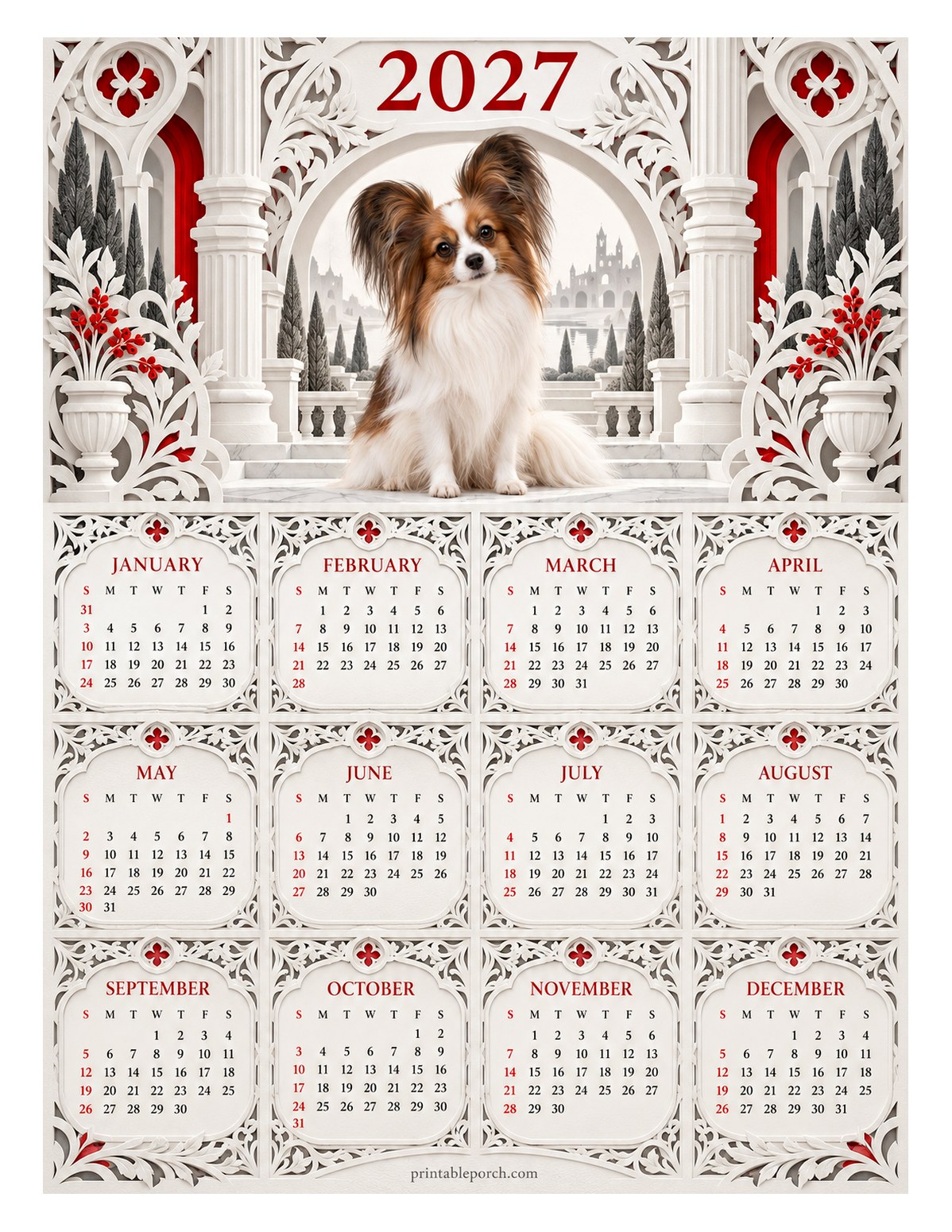 Dog 2027 Yearly Calendar - Paper Lace Papillon