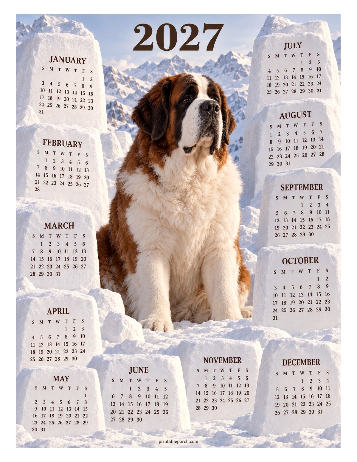 Dog 2027 Yearly Calendar - Snow Blocks Saint Bernard