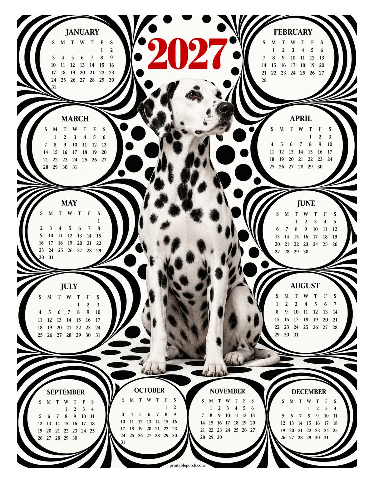 Dog 2027 Yearly Calendar - Spots and Swirls Dalmatian